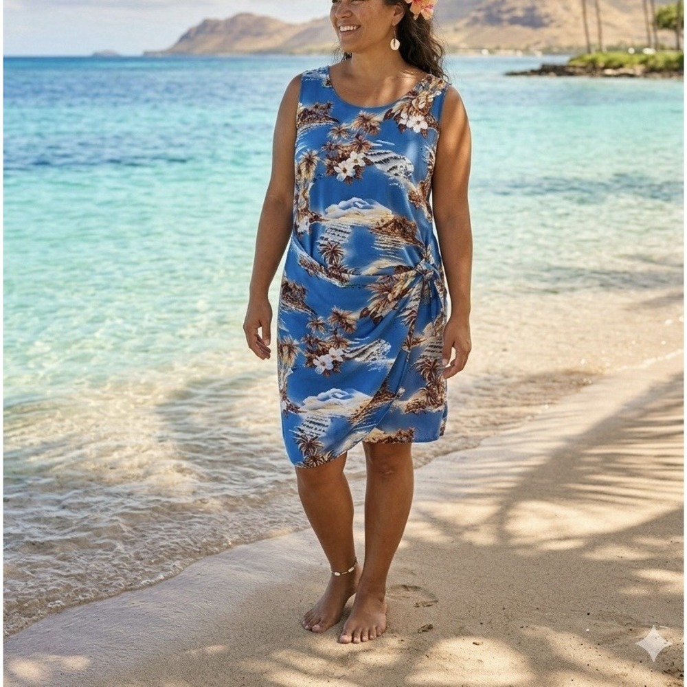 Women's Hilo Hattie Blue Tropical Rayon Sarong Wrap Dress Floral Hawaiian Size L